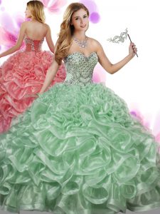 Sleeveless Organza Floor Length Lace Up Sweet 16 Dresses in Green with Beading and Ruffles