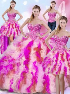 Colorful Four Piece Multi-color Sleeveless Tulle Lace Up Quinceanera Dresses for Military Ball and Sweet 16 and Quinceanera