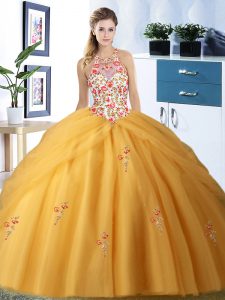 Fashion Halter Top Gold Tulle Lace Up Vestidos de Quinceanera Sleeveless Floor Length Embroidery and Pick Ups