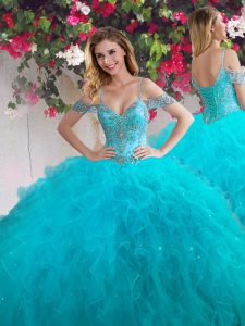 Tulle Off The Shoulder Sleeveless Lace Up Beading and Ruffles Sweet 16 Dresses in Teal