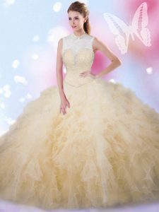 Champagne Tulle Lace Up Sweet 16 Quinceanera Dress Sleeveless Floor Length Beading and Ruffles