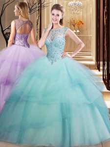 Vintage Scoop Light Blue Ball Gowns Beading and Ruffled Layers Ball Gown Prom Dress Lace Up Tulle Sleeveless