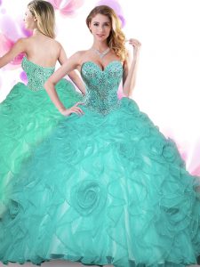 Turquoise Ball Gowns Beading 15th Birthday Dress Lace Up Organza Sleeveless Floor Length