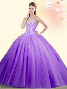 Excellent Floor Length Lilac 15th Birthday Dress Tulle Sleeveless Beading