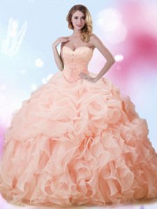 Sleeveless Brush Train Lace Up With Train Beading and Ruffles and Pick Ups Sweet 16 Quinceanera Dress