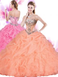 Decent Orange Red Tulle Lace Up Sweetheart Sleeveless Floor Length 15th Birthday Dress Beading and Ruffles