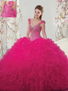 Fantastic Hot Pink Ball Gowns Straps Sleeveless Tulle Floor Length Lace Up Beading and Ruffles and Hand Made Flower Quinceanera Gowns