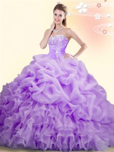 Suitable Sleeveless Brush Train Beading and Ruffles and Pick Ups Lace Up Quinceanera Dress