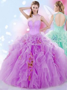 Halter Top Lilac Sleeveless Beading and Ruffles Floor Length Sweet 16 Quinceanera Dress