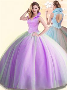 Sophisticated Lilac Ball Gowns Tulle High-neck Sleeveless Beading Floor Length Backless 15th Birthday Dress