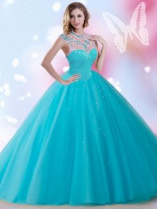 Tulle Sleeveless Floor Length Sweet 16 Dress and Beading and Sequins
