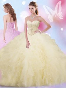 Light Yellow Ball Gowns Tulle Sweetheart Sleeveless Beading and Ruffles Floor Length Lace Up Sweet 16 Quinceanera Dress