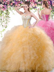 Edgy Gold Lace Up Quince Ball Gowns Beading and Ruffles Sleeveless Floor Length