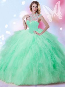 Fashion Floor Length Zipper Sweet 16 Dresses Apple Green for Military Ball and Sweet 16 and Quinceanera with Beading and Ruffles and Sequins