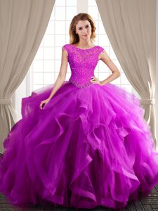 Vintage Scoop Fuchsia Tulle Lace Up 15th Birthday Dress Cap Sleeves With Brush Train Beading and Appliques and Ruffles
