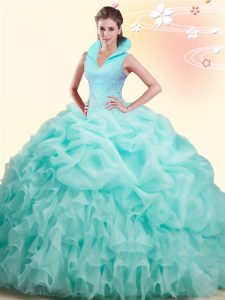 Spectacular Sleeveless Organza Brush Train Backless 15 Quinceanera Dress in Apple Green with Beading and Ruffles and Pick Ups
