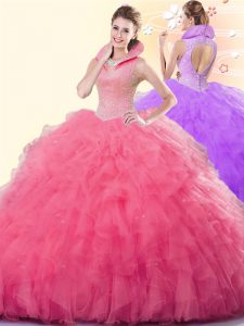 Backless Floor Length Coral Red Quinceanera Gown Tulle Sleeveless Beading and Ruffles