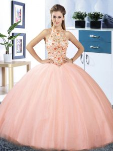 Peach Sweet 16 Dress Military Ball and Sweet 16 and Quinceanera with Embroidery Halter Top Sleeveless Lace Up