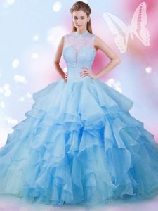 Simple Tulle High-neck Sleeveless Lace Up Beading and Ruffles 15 Quinceanera Dress in Baby Blue