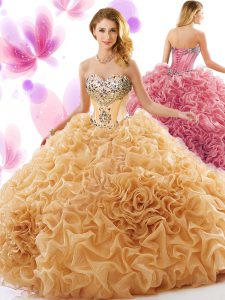 Champagne Ball Gowns Organza Sweetheart Sleeveless Beading and Ruffles Lace Up Sweet 16 Dress Court Train