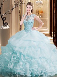Scoop Light Blue Organza Lace Up Quinceanera Gown Sleeveless Brush Train Beading and Ruffles and Pick Ups