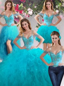 Four Piece Teal Off The Shoulder Neckline Beading and Ruffles Quince Ball Gowns Sleeveless Lace Up