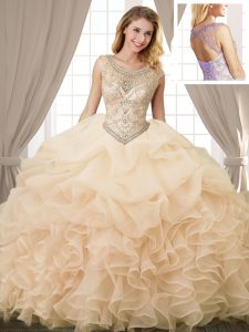 Champagne Lace Up Scoop Beading and Ruffles and Pick Ups Quince Ball Gowns Organza Sleeveless