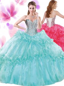 Sophisticated Turquoise Lace Up Sweetheart Beading and Pick Ups Quinceanera Dresses Organza Sleeveless