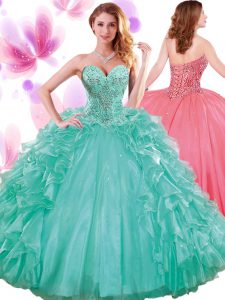 Gorgeous Sleeveless Floor Length Beading and Ruffles and Pick Ups Lace Up 15 Quinceanera Dress with Turquoise