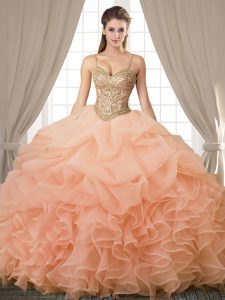 Beading and Ruffles and Pick Ups Quinceanera Gown Peach Lace Up Sleeveless Floor Length