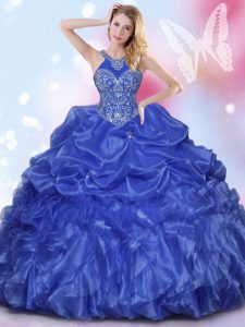 Halter Top Royal Blue Sleeveless Floor Length Appliques and Ruffles and Pick Ups Lace Up 15th Birthday Dress