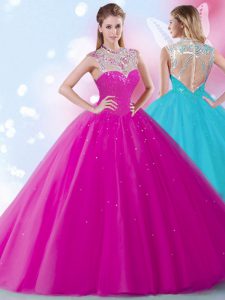 Custom Designed Scoop Floor Length Zipper Vestidos de Quinceanera Fuchsia for Military Ball and Sweet 16 and Quinceanera with Beading and Sequins