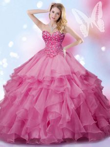 Rose Pink Sweet 16 Quinceanera Dress Military Ball and Sweet 16 and Quinceanera with Beading Sweetheart Sleeveless Lace Up