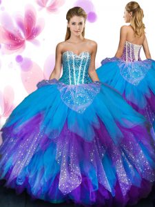 Adorable Multi-color Tulle Lace Up Sweetheart Sleeveless Floor Length Ball Gown Prom Dress Beading and Ruffled Layers