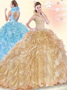 Organza High-neck Sleeveless Brush Train Backless Beading and Ruffles Quinceanera Dress in Champagne