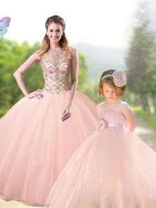 Peach Ball Gowns Tulle Scoop Sleeveless Beading Floor Length Lace Up 15th Birthday Dress