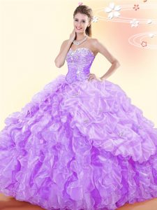 Fashionable Sleeveless Organza Floor Length Lace Up Quinceanera Dresses in Lavender with Beading and Ruffles and Pick Ups