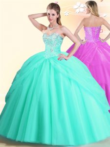 Sleeveless Floor Length Beading Lace Up Quince Ball Gowns with Apple Green