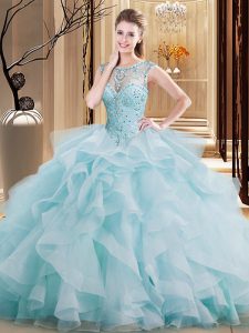 Light Blue Ball Gowns Tulle Scoop Sleeveless Beading and Ruffles Lace Up Sweet 16 Quinceanera Dress Brush Train
