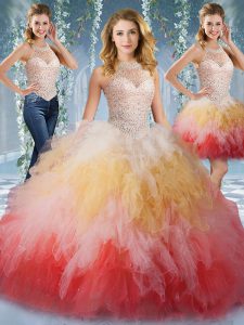Floor Length Multi-color Quince Ball Gowns Halter Top Sleeveless Lace Up