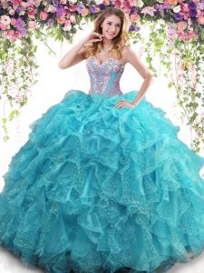 Floor Length Ball Gowns Sleeveless Aqua Blue Quinceanera Gown Lace Up