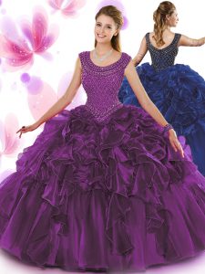 Scoop Sleeveless Sweet 16 Quinceanera Dress Floor Length Beading and Ruffles Dark Purple Organza