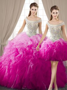 Three Piece Off the Shoulder Fuchsia Sleeveless Organza Lace Up Quinceanera Dress for Military Ball and Sweet 16 and Quinceanera