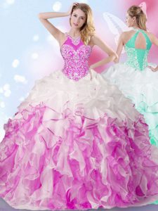 Halter Top Sleeveless Beading and Ruffles and Pick Ups Lace Up Quince Ball Gowns