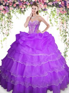 Fancy Purple Lace Up Sweetheart Beading and Ruffled Layers and Pick Ups Quinceanera Gowns Organza Sleeveless