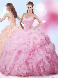 Rose Pink Vestidos de Quinceanera Military Ball and Sweet 16 and Quinceanera with Beading and Ruffles and Pick Ups Sweetheart Sleeveless Brush Train Lace Up