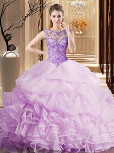 Chic Scoop Lilac Organza Lace Up 15 Quinceanera Dress Sleeveless Brush Train Beading and Ruffles and Pick Ups