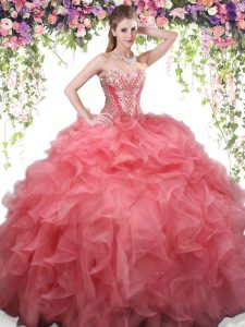 Traditional Beading and Ruffles Quinceanera Gowns Coral Red Lace Up Sleeveless Floor Length