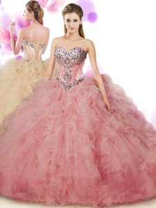 Most Popular Peach Ball Gowns Sweetheart Sleeveless Tulle Floor Length Lace Up Beading and Ruffles Sweet 16 Dresses