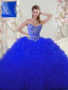 Superior Beading and Appliques 15th Birthday Dress Royal Blue Lace Up Sleeveless Floor Length